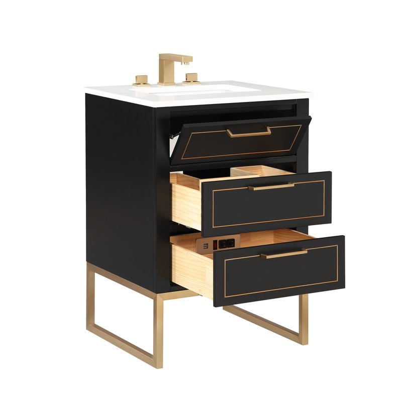Markham 24'' W Single Vanity, Midnight Black, Universal Calacatta Quartz, Satin Brass