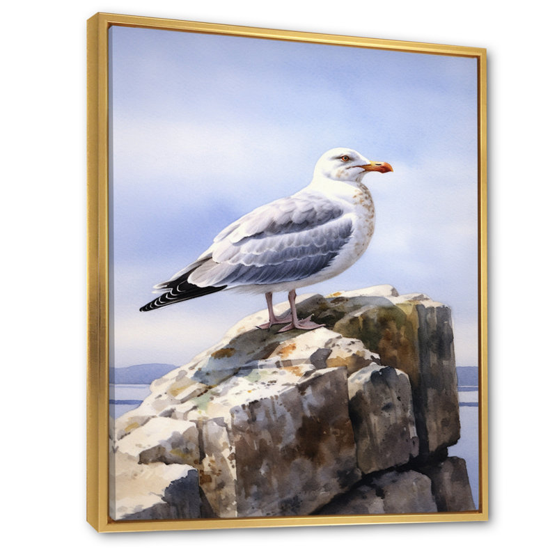 Décoration murale mouette au bord de la mer II - Animaux, H 32 po x l 24 po x P 1 po, Cadre flottant doré
