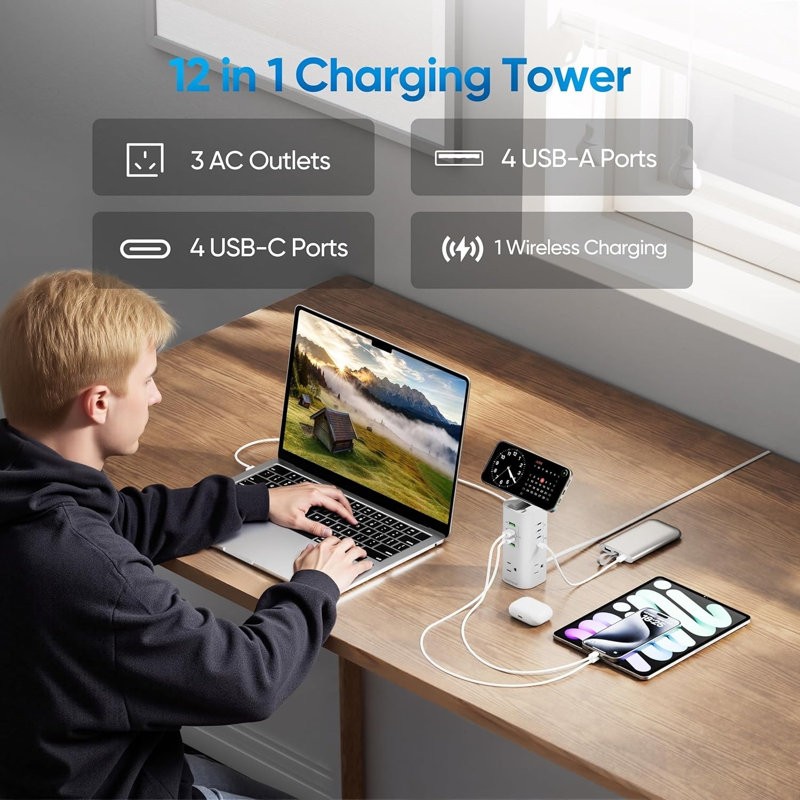 Protecteur de surtension tour de charge rapide 160W 3 prises CA 8 ports USB 4 cordons d'extension USB C 5FT à rallonge pour bureau personnel