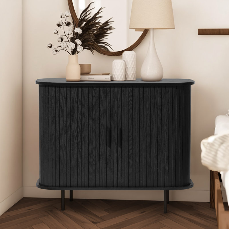35.4" W Accent Cabinet with Sliding Tambour Doors, Black, Black
