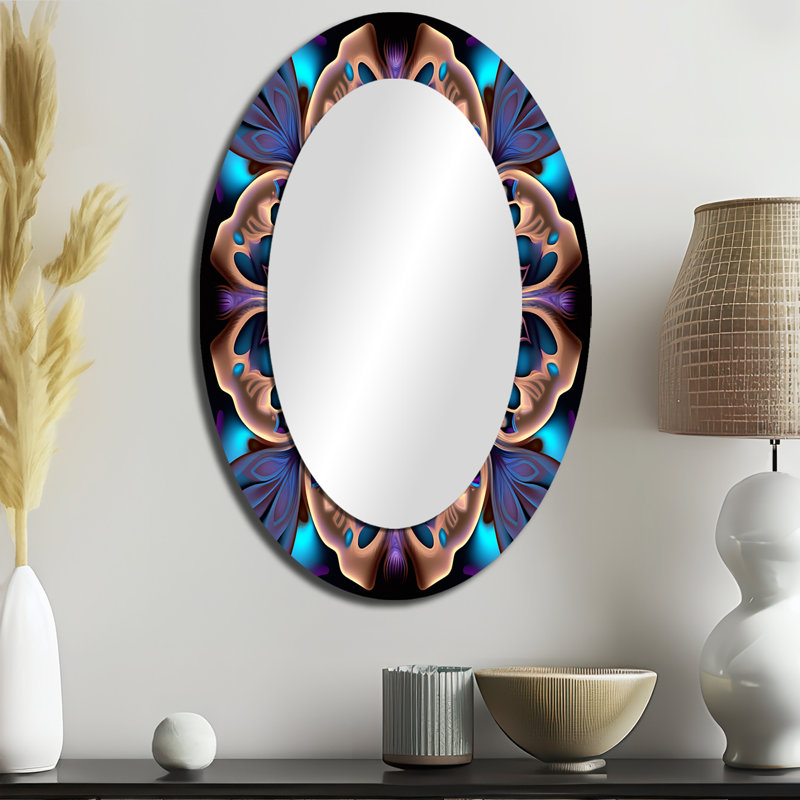 Mandala céleste en mauve mystérieux et bleu III - Grand miroir mural ovale sur métal, 36 po x 24 po