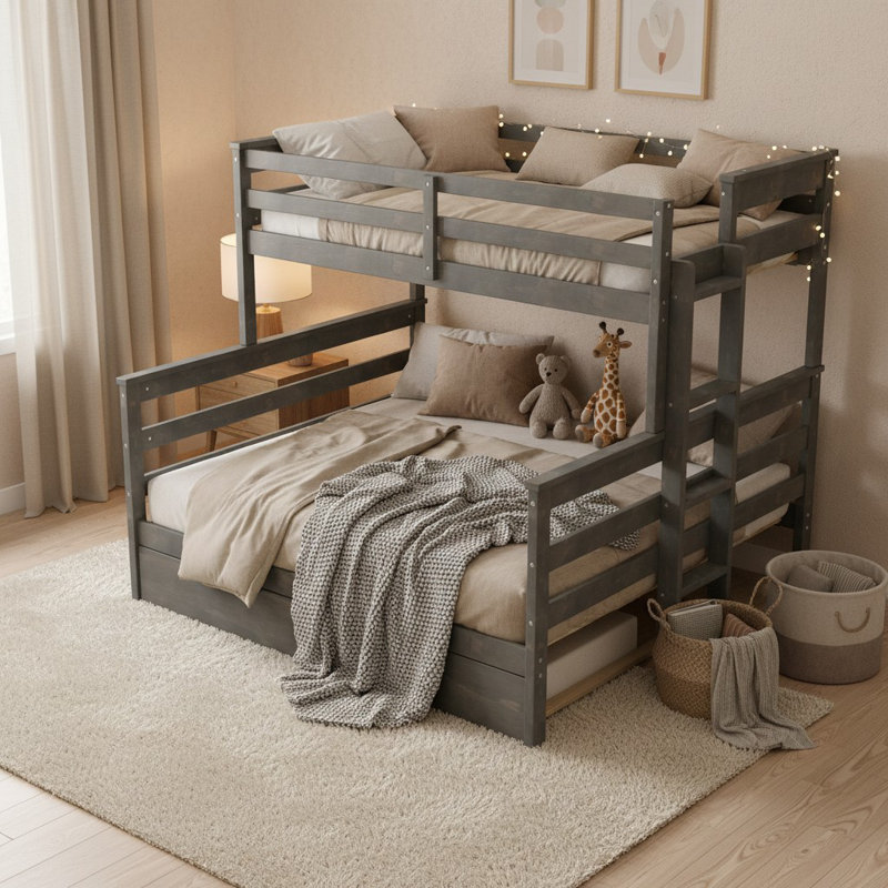 Twin Xl Over Queen Bunk Bed With Trundle, Space-Saving Convertible Design, Wood, Platform Frame, Modern & Contemporary, Kids Bedroom