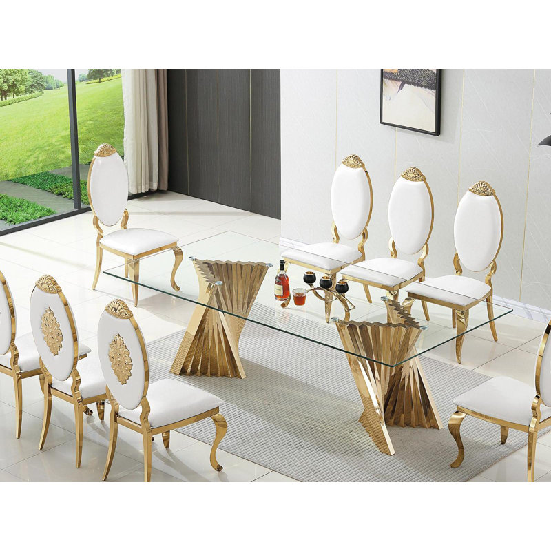 Modern Dining Room Sets,  94.49" Rectangular Tempered Glass Dining Table With Stainless Steel Dining Chairs, White/Gold, Gold