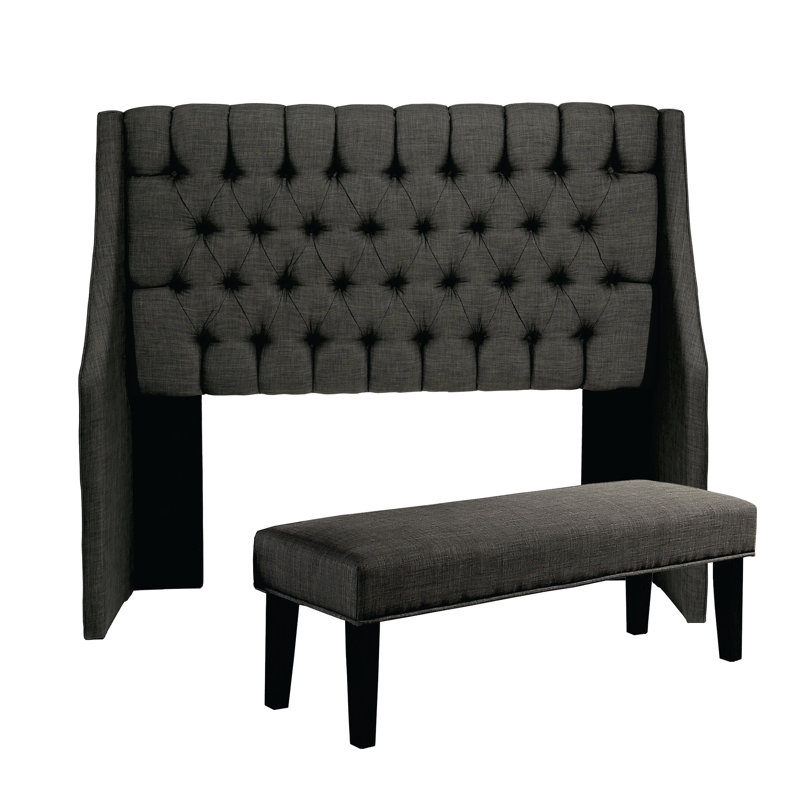 Alamar Upholstered Wingback Headboard and Matching Bench Set, California King/King, Grey