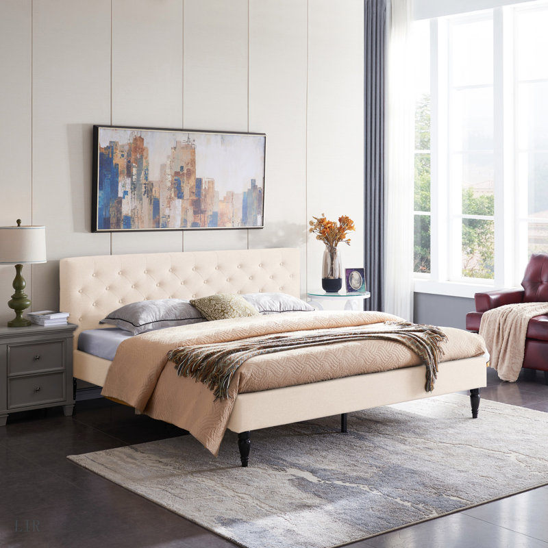 Lit plateforme tapissier Cholet, Beige, Très grand