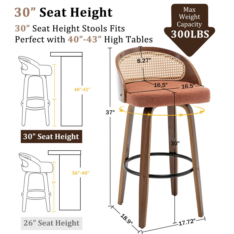 Tabourets pivotants en lin Leeana, Tabouret de bar (siège d'une hauteur de 30 po), Orange