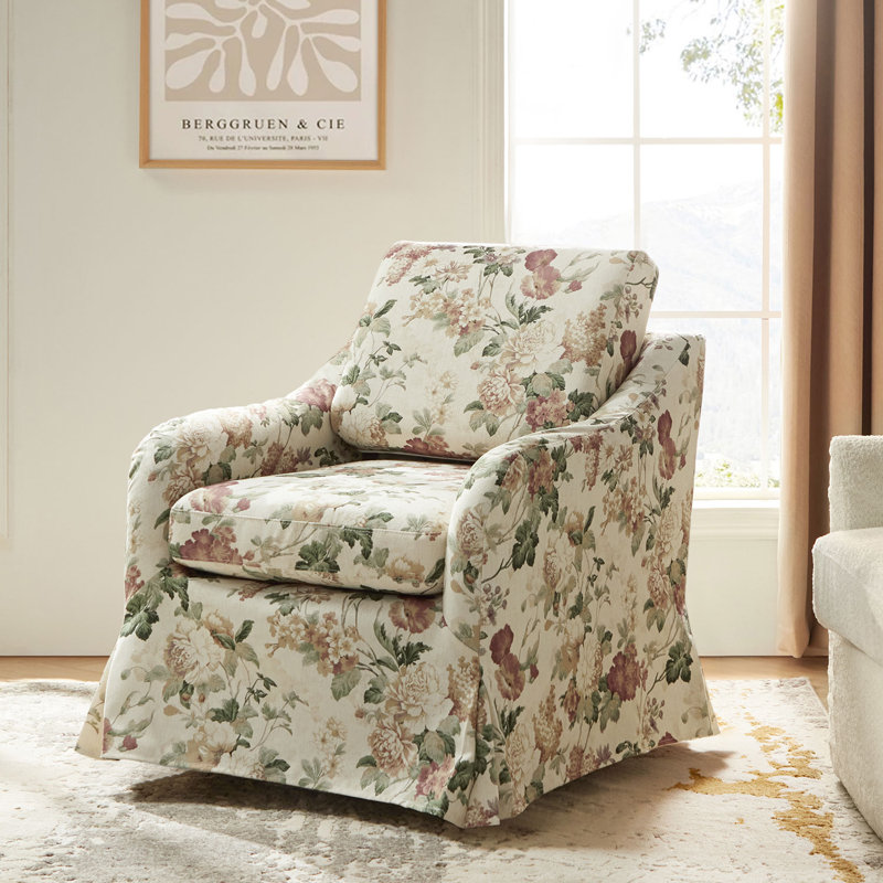 Asman Farmhouse Upholstered Slipcovered Swivel Armchair, Red Polyester Blend