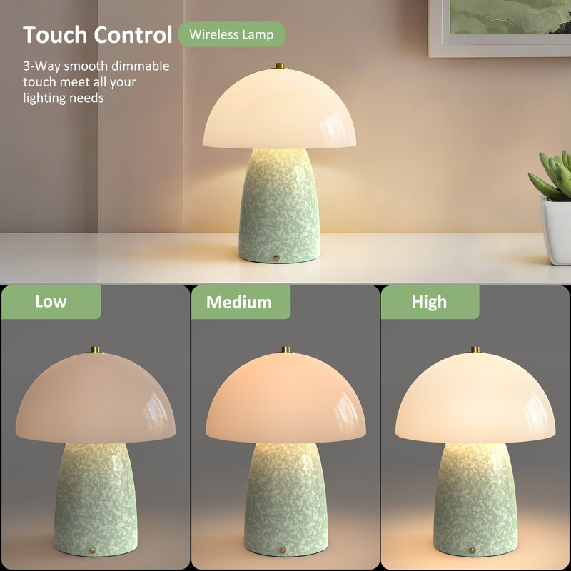 11" Modern Green Mushroom Cordless Rechargeable Ceramic Table Lamp with Touch Control 3-Level Dimming Type-C Charging for Bedroom Living Room Study and Outdoor