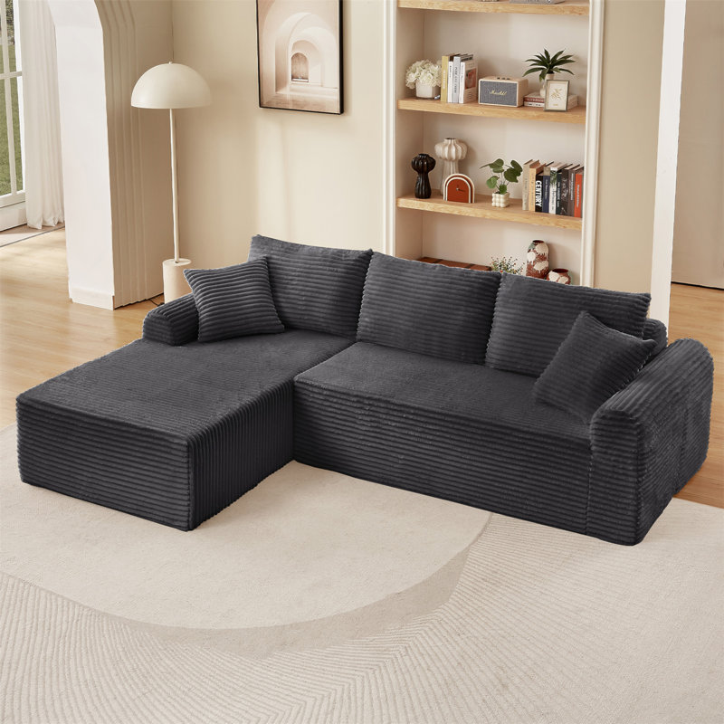 Canapé modulaire en velours côtelé avec accoudoirs arqués et coussins multiples, Gris foncé