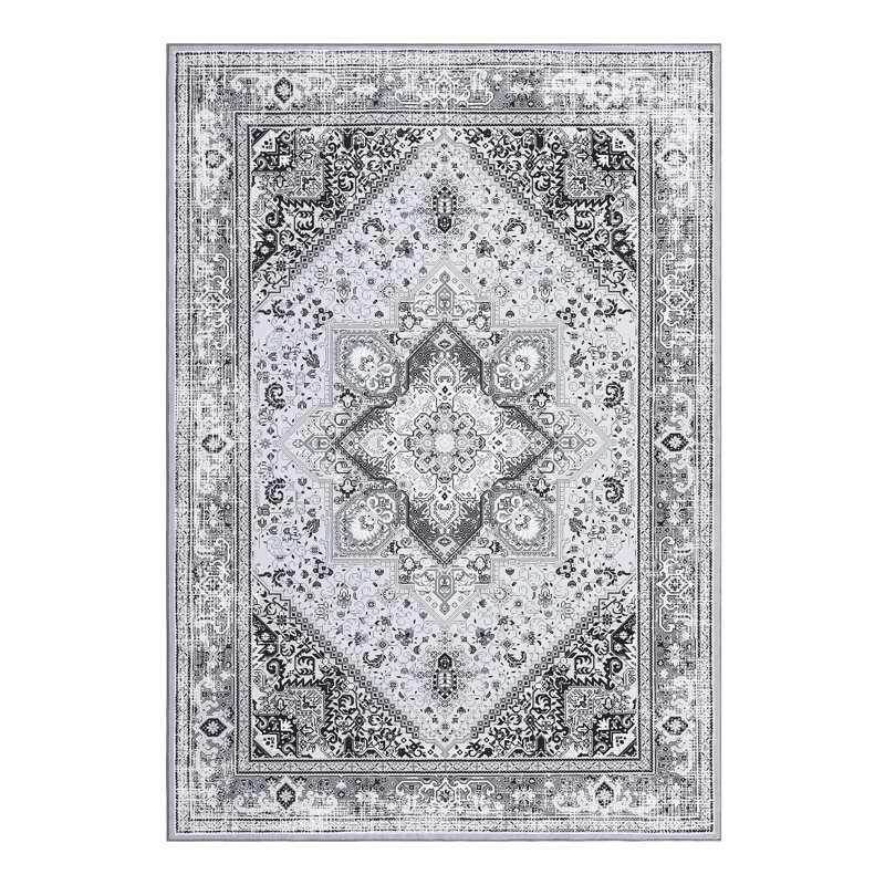 Rectangle Floral Washable Area Rug, Gray, Rectangle 80 x 150 cm