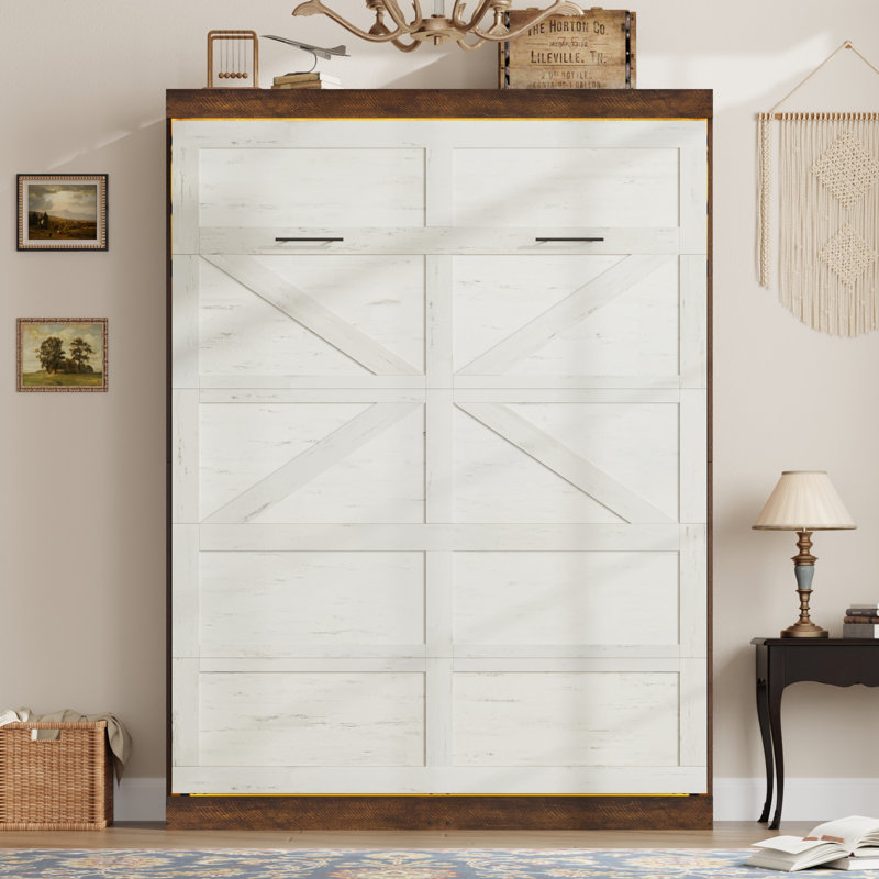 Murphy Wall Bed With LED Lights, No Box Spring Needed, For Home Office, Antique White and Rustic Brown, White, Queen