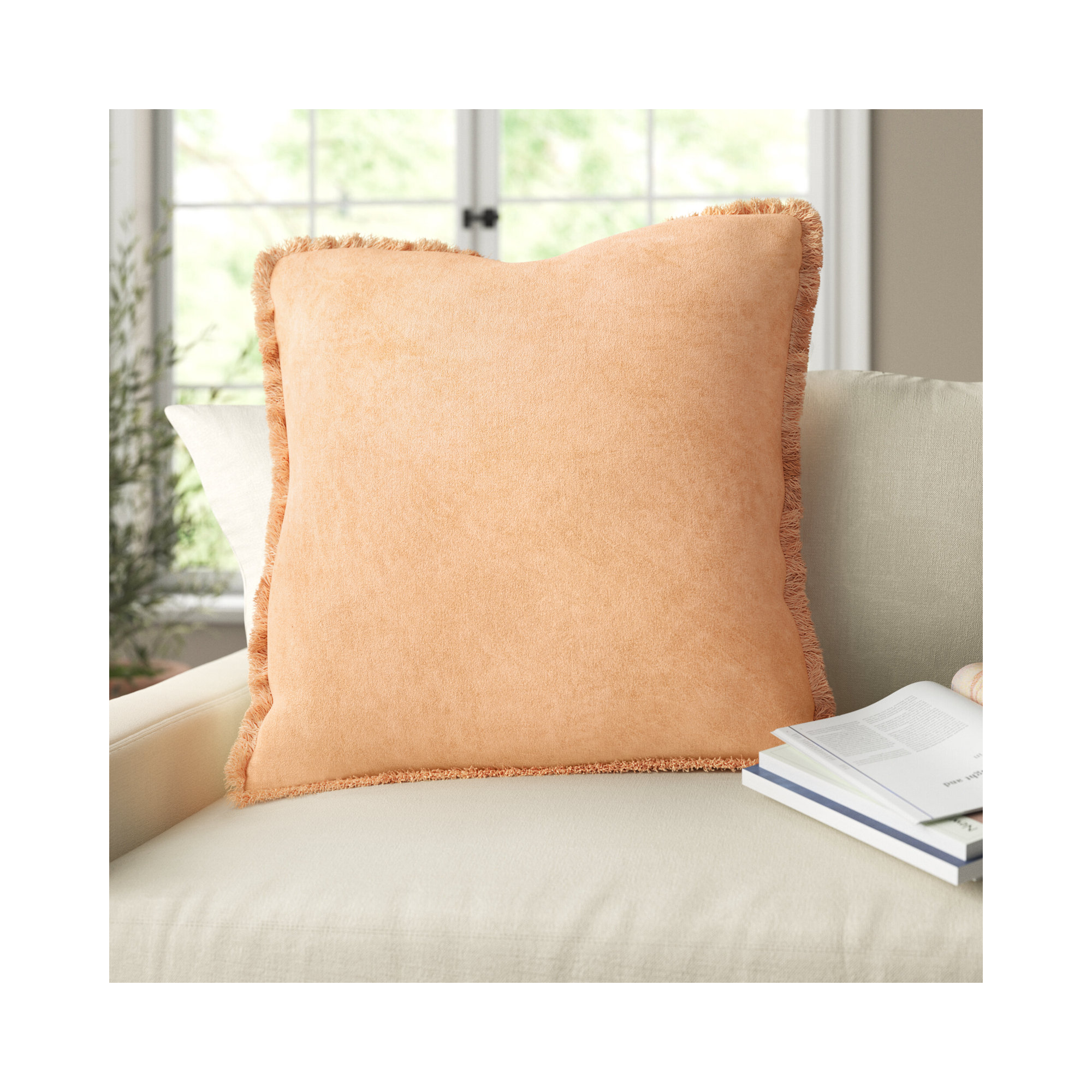 Steph Fringed Cotton Throw Pillow, Camel, 18" x 18", Pillow Cover Only - No Insert
