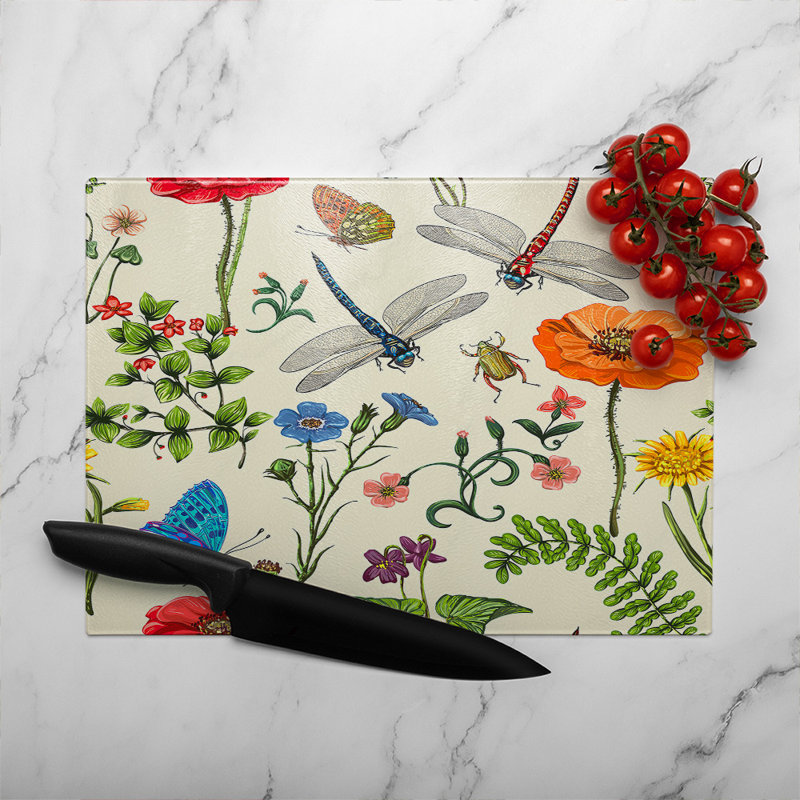 Flowers & Insects Glass Chopping Board, 40cm L x 28cm W