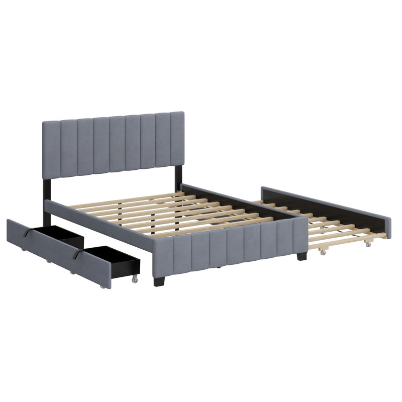 Lit plateforme tapissier avec 2 tiroirs et lit gigogne, Gris