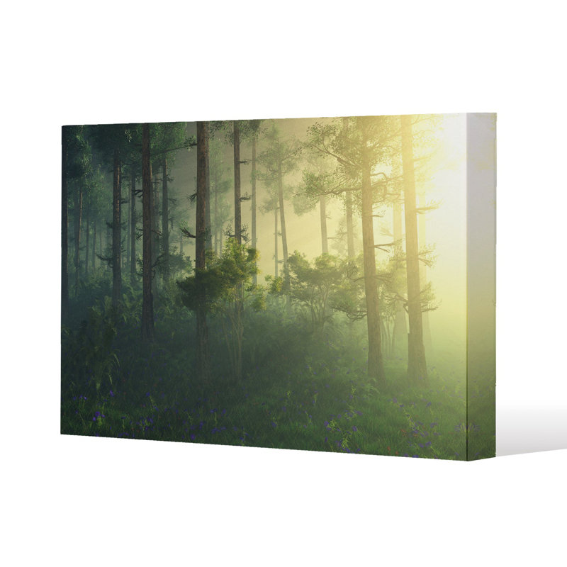 sun, trees in a haze of light, glowing fog among the trees Slim Style Canvas Print, 15mm Slim Real wood., 20 cm H x 30 cm W