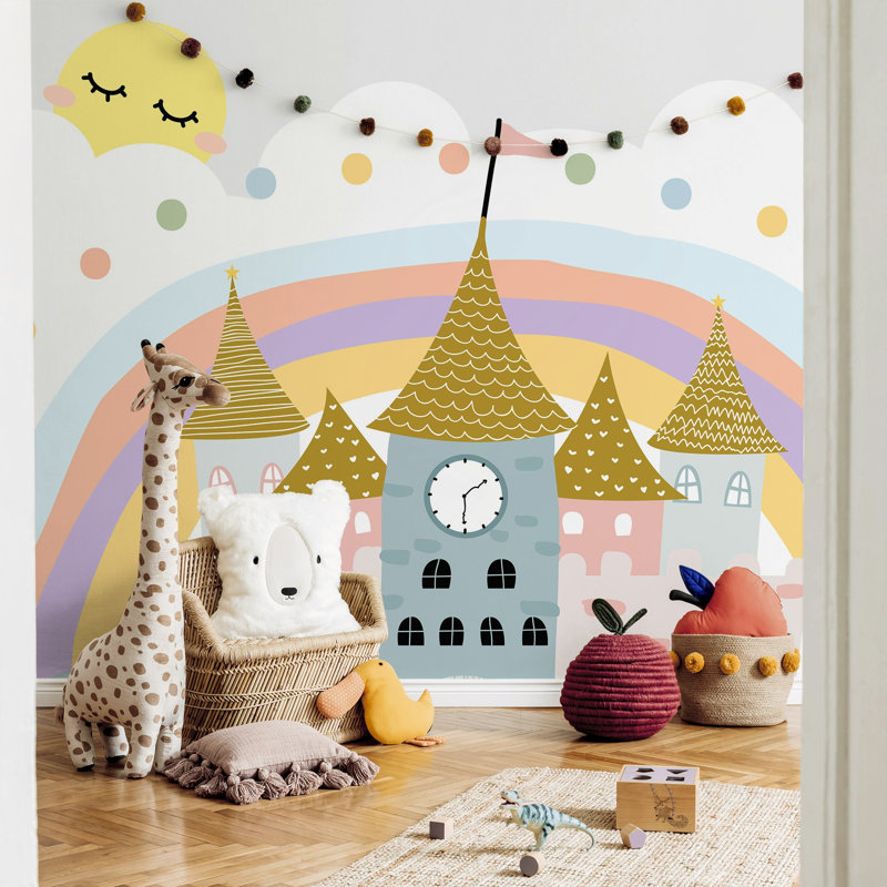 Rainbow Castles Sleeping Sun Clouds Blue Heart Removable Wallpaper, 9" L x 15" W
