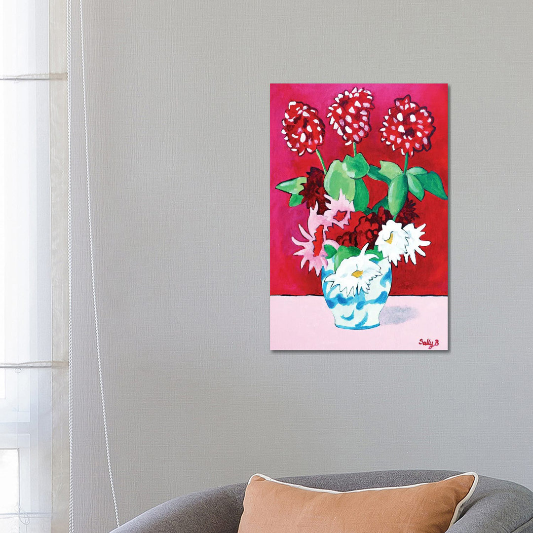 Geranium And Dahlia Bouquet von Sally B - Galerie-verpackte Leinwand Giclée auf Leinwand