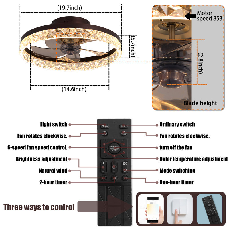 Black 19.7 in. indoor Ceiling Fan with Lights Dimmable LED, Brown
