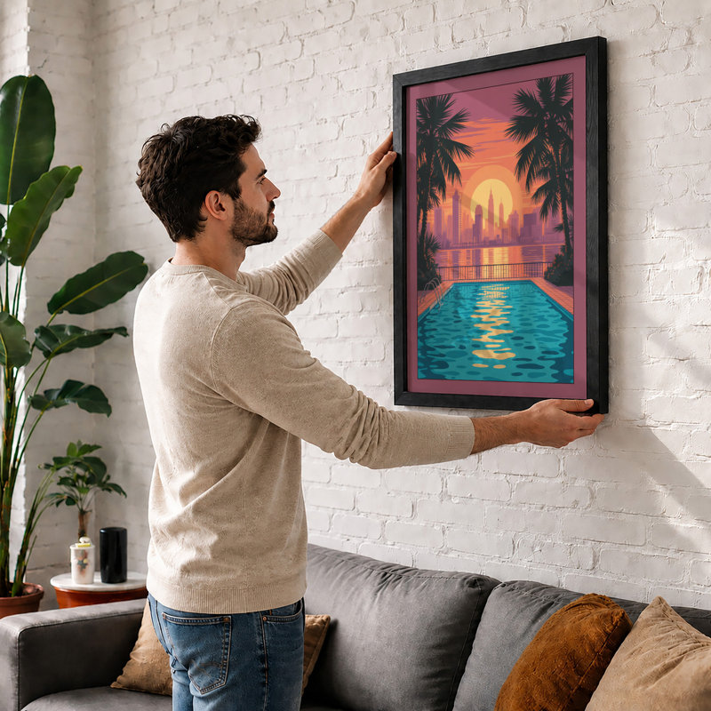 Sunset Paradise Tropical - Framed Print, A2 - 59.4 x 42.0 cm, Walnut