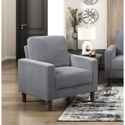 Chaise en velours côtelé gris moderne avec dossier rembourré et structure en bois massif, coussin confortable en contreplaqué exposé pour la chambre à coucher