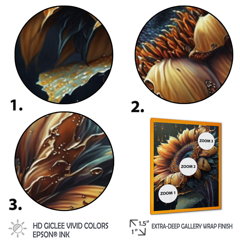 Tournesol réaliste - art mural grand tournesol, Cadre photo doré, H 32 po x l 16 po x P 1 po