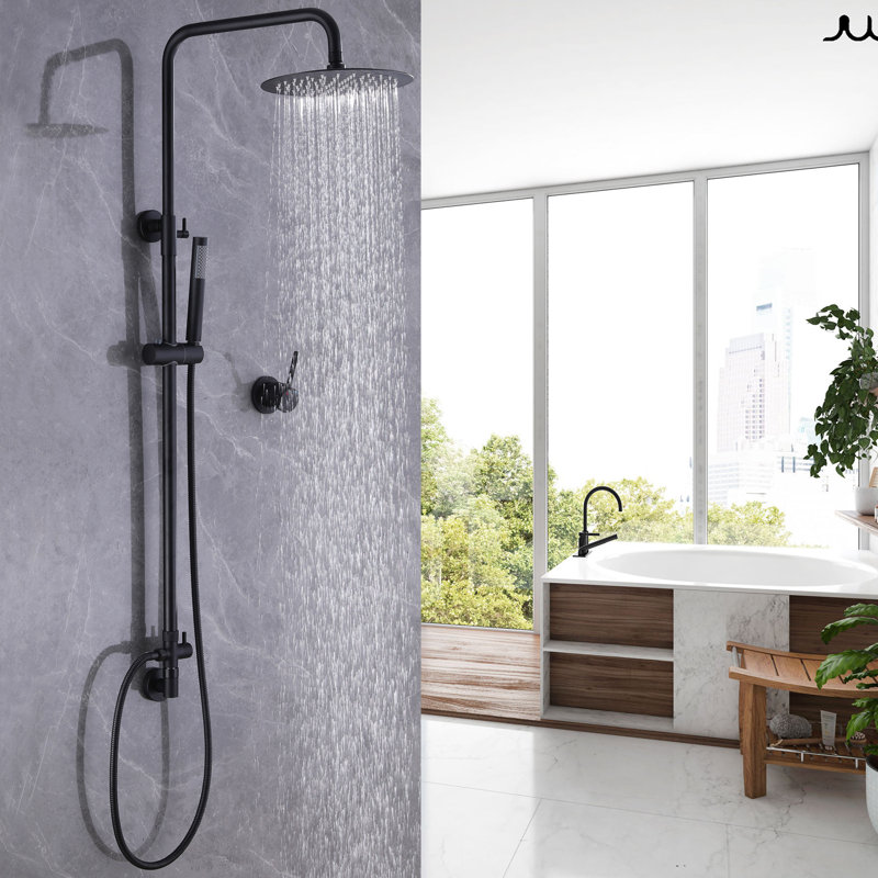10" Exposed Wall Mounted Rain Shower System with Height Adjustable Handheld Spray, Matte Black