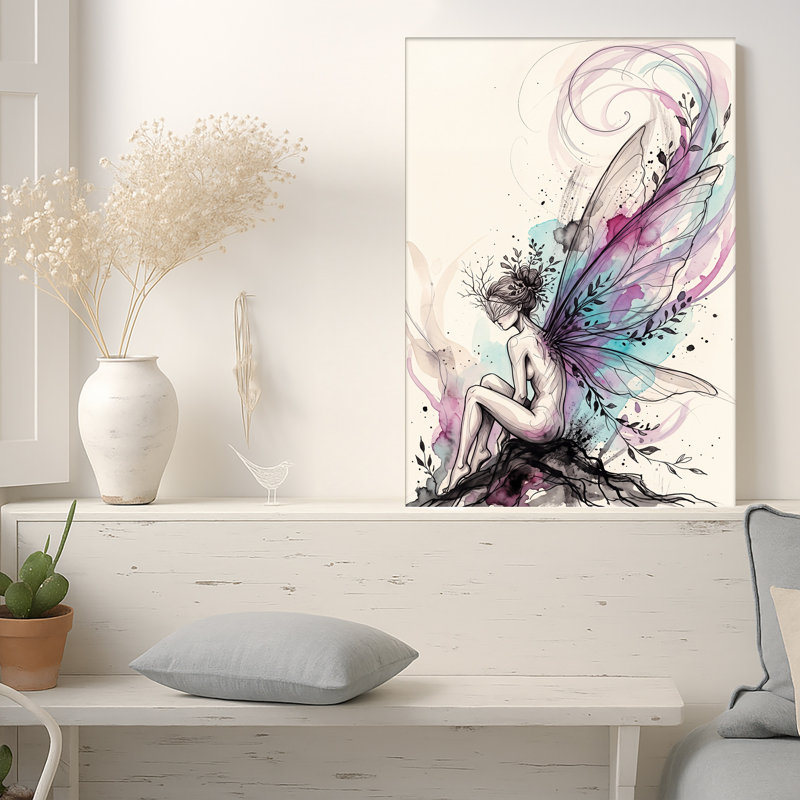 Impression sur toile, fée fantaisie avec ailes d'aquarelle mauves et bleues, 30"H x 20"W
