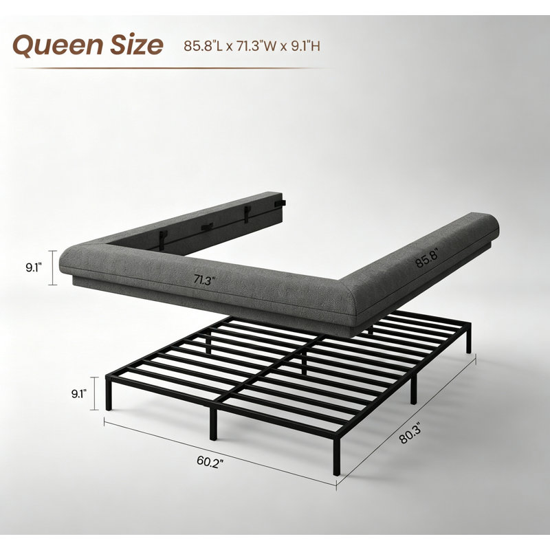 Elegant Cloud Platform Bed with Upholstered and Solid Frame Stability, QUEEN/Dark gray