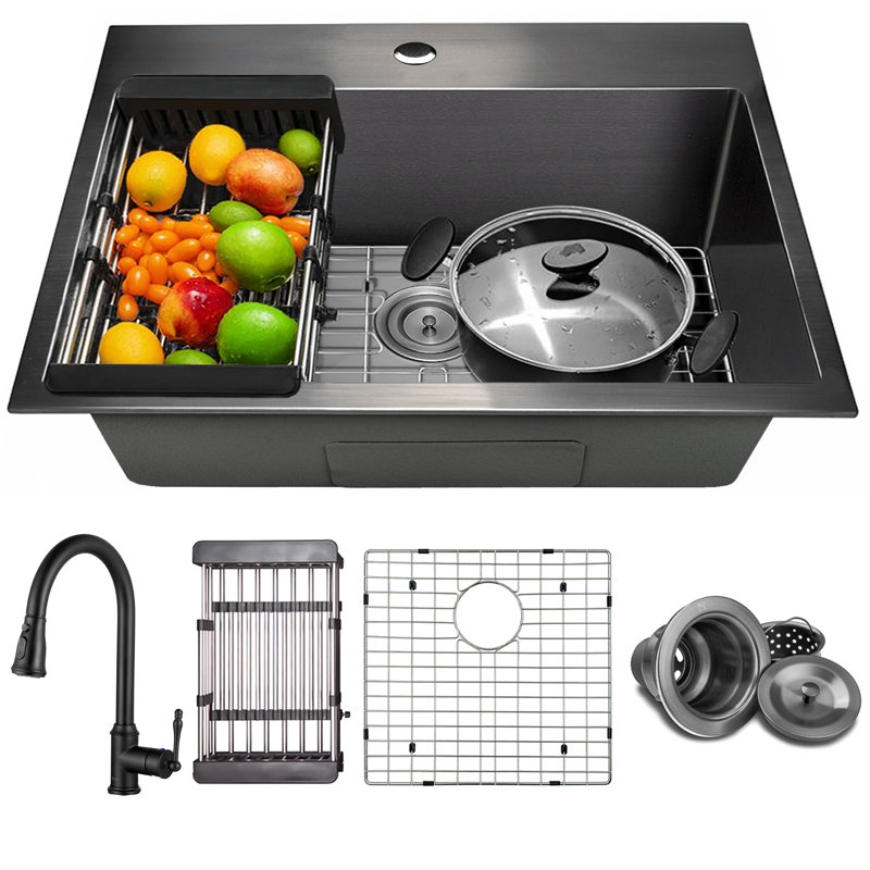 Drop-In 25-in x 22-in Gunmetal Matte Black Stainless Steel Single Bowl Kitchen Sink All-in-one Kit