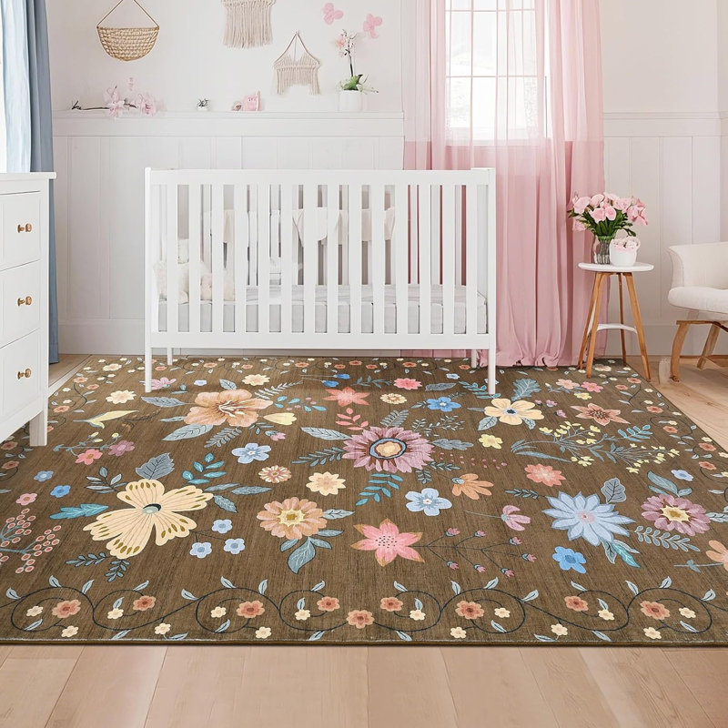 Non-Slip Runner Rug, 2x6 Floral Low Pile Kitchen and Hallway Carpet, Ultra-Thin Indoor Floor Mat for Bedroom, Black