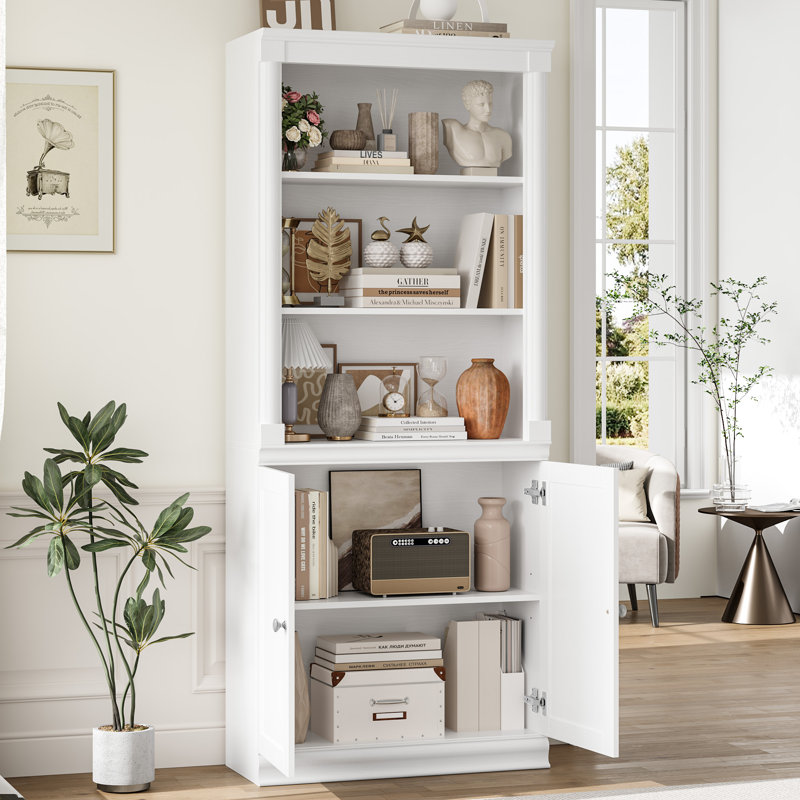 71"H Wood Standard Storage Bookcase with Cabinet, White