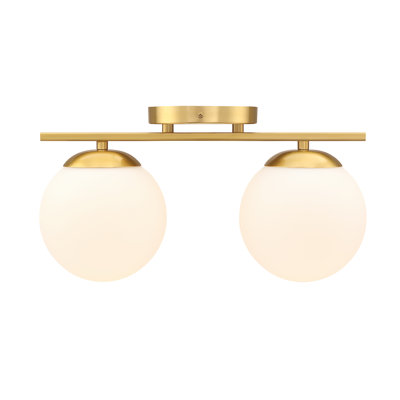 Luminaire de salle de bain 2 lumières en or doux avec globe en verre blanc, luminaire parfait pour les salles de bain et les salles d'eau | L 15 po x H 6 po