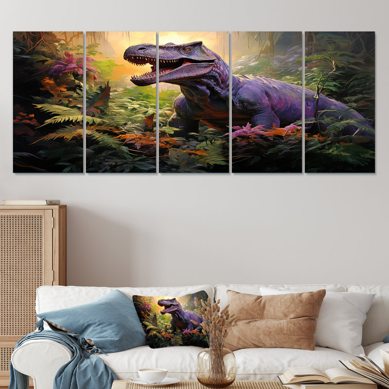 Dinosaure préhistorique dans la jungle - ensemble d'art mural 5 pièces, H 32 po x l 80 po