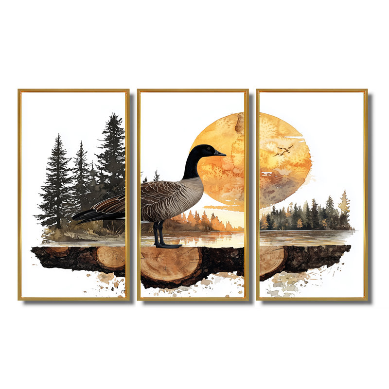 «Goose In Sunrise Forest Lake Landscape», ensemble d'art mural 3 pièces, H 28 po x l 36 po, Doré