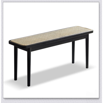 Modern Style Solid Oak Wood Dining Bench with Rattan Detail, for Bedroom, Entryway, and Living Room