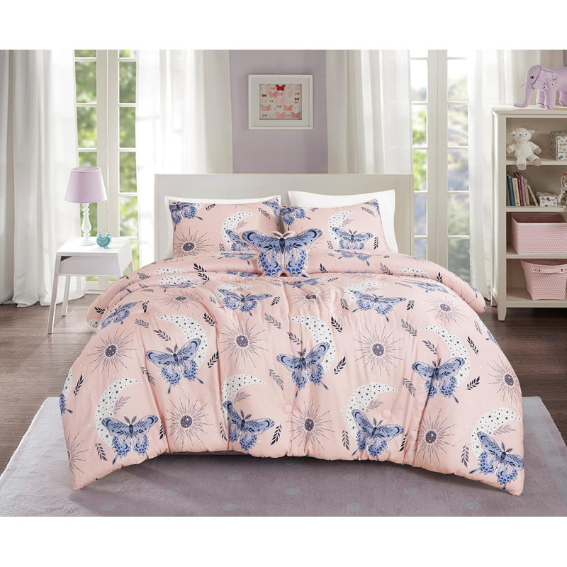 Full Pink and Blue Microfiber Butterfly Kids Bedding Set