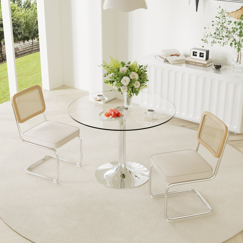 3-Piece Round Glass Dining Table Set, Beige, 29.5" H x 39.7" L x 39.7" W