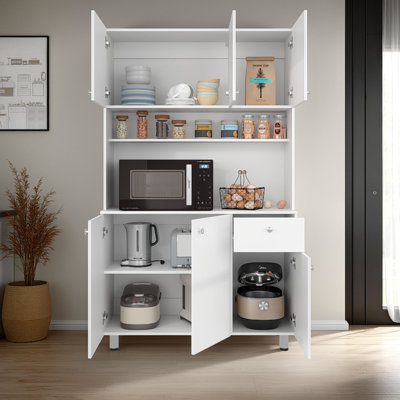 Wilson 6 Door Multi-Functional Kitchen Microwave Pantry Cabinet With One Drawer And 6 Interior Storage Compartments, Spacious Open Countertop And, Open Upper Shelf