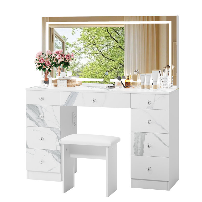 47"W Vanity Set With LED Mirror & Power Outlets, 9 Drawers With Diamond Handles, White Marble