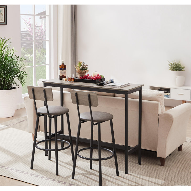 Bar Table Set With 2 Bar Stools Pu Soft Seat, Gray, Gray