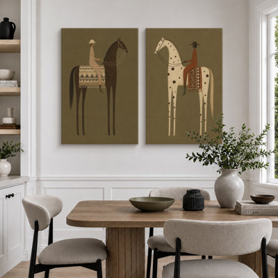 Rustic Brown and Spotted Horse Riders Artwork, Office Pictures, Framed Canvas Giclee Print 2 Pieces Wall Art - 24"x36"x2pcs