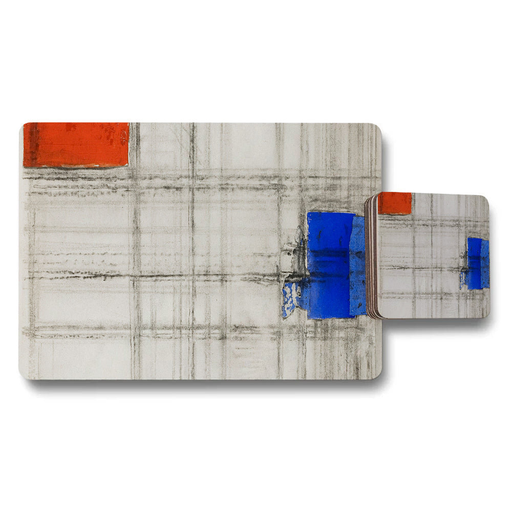 Abstract Geometric Placemat And Coaster Set With Red And Blue Accents