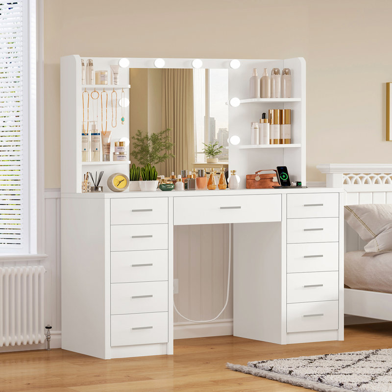 Vanity Desk With Mirror And Lights, Power Outlet, Makeup Vanity Table With 11 Drawers, 4 Open Storage Shelves & 5 Hooks, 3 Lighting Modes Brightness Adjustable, Vanity Table For Bedroom, White
