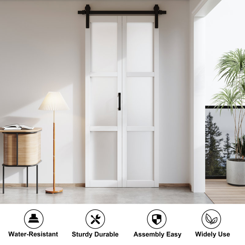 3 Lite White Frosted Glass Bi-fold Sliding Barn Door with Hardware Kit and Handle(pantry,closet), 36" x 84"