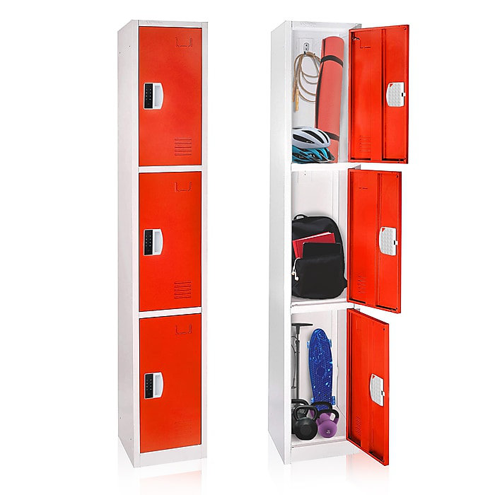 Red and White Triple Tier Steel Storage Locker with Digital Lock