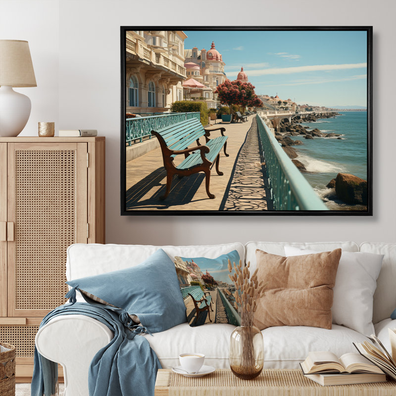 Spain Seaside Promenade I - Nautical & Beach Canvas Art Print, 16" H x 32" W, Black Picture Framed