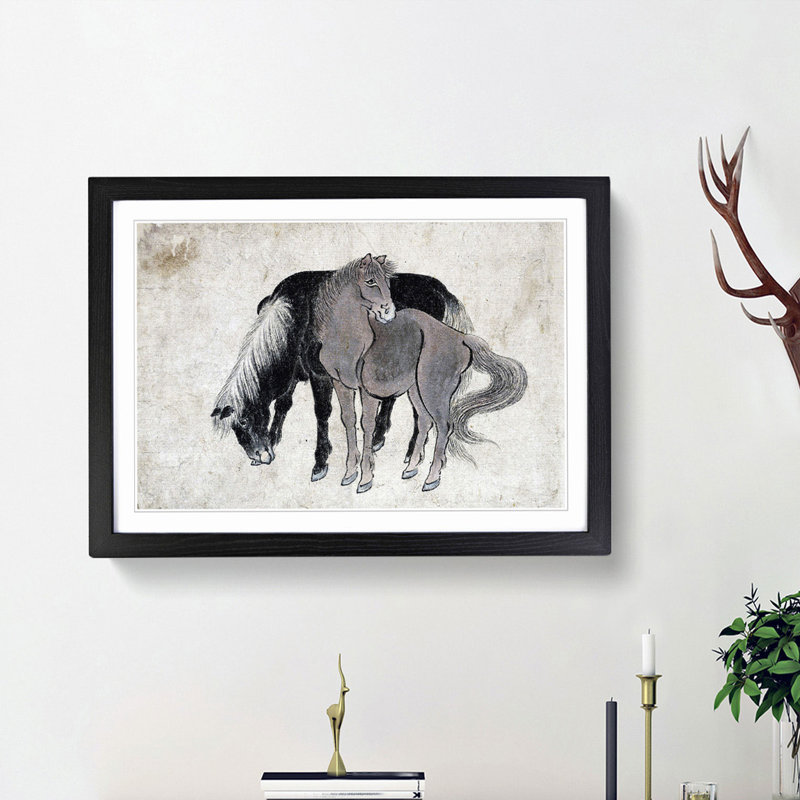 Two Horses by Katsushika Hokusai - Picture Frame Painting Print, Black Framed, 27cm H x 36cm W x 2cm D