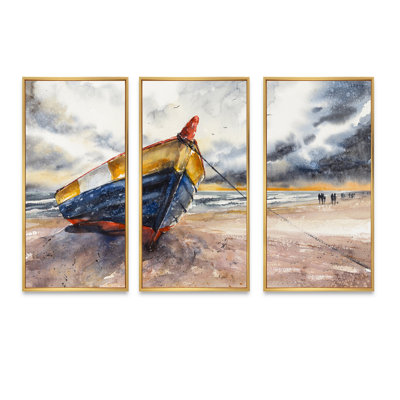 «Wooden Boat On The Baltic Shores», peinture sur toile flottante 3 pièces