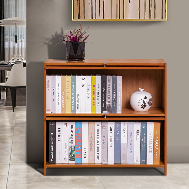 Brown Bamboo Rectangular Bookcase with Flip Doors