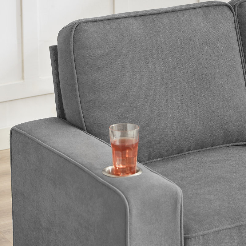 84.25"W 3-Seat Sofa with Cupholder, Gray Fabric
